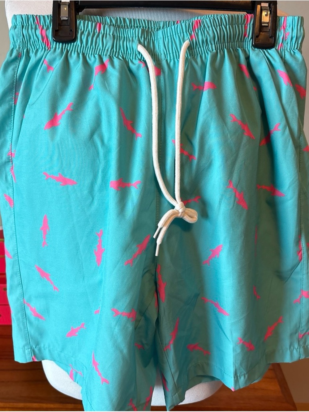 Men's Aqua Shark-Print Swim Trunks - Turquoise/Pink